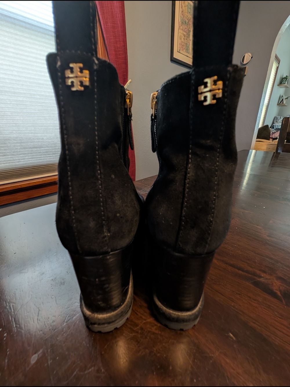 Tory Burch Black Suede Logo Lug Sole Boots, Women's 9.5